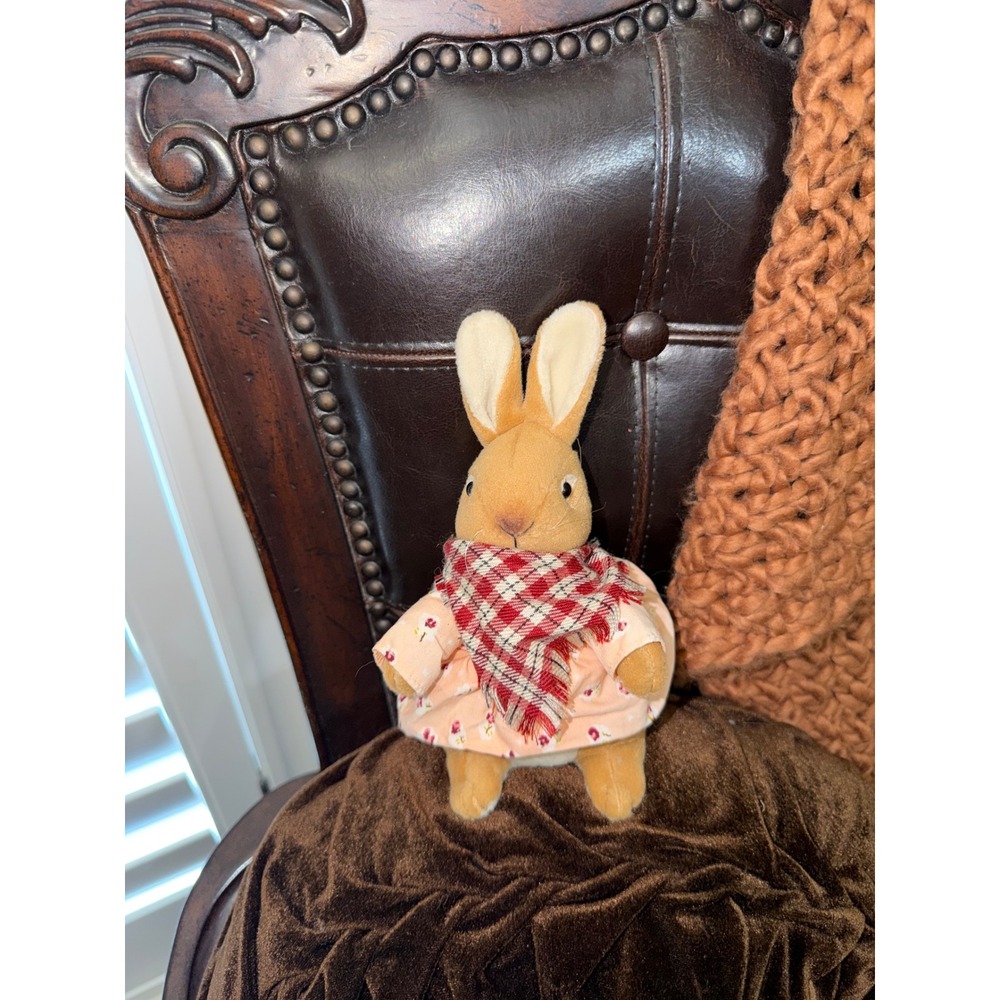 Vintage 1998 Stuffins Plush Bunny Rabbit Peach Floral Dress Red Plaid Scarf 9"